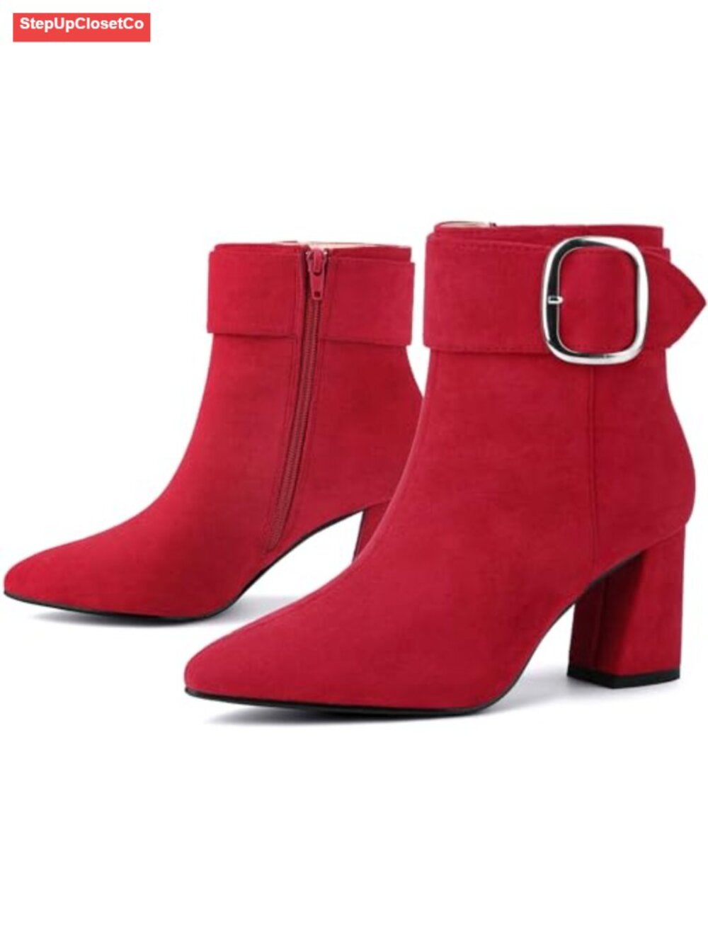 Faux Suede Pointed Toe Block Heel Ankle Booties Square Buckle